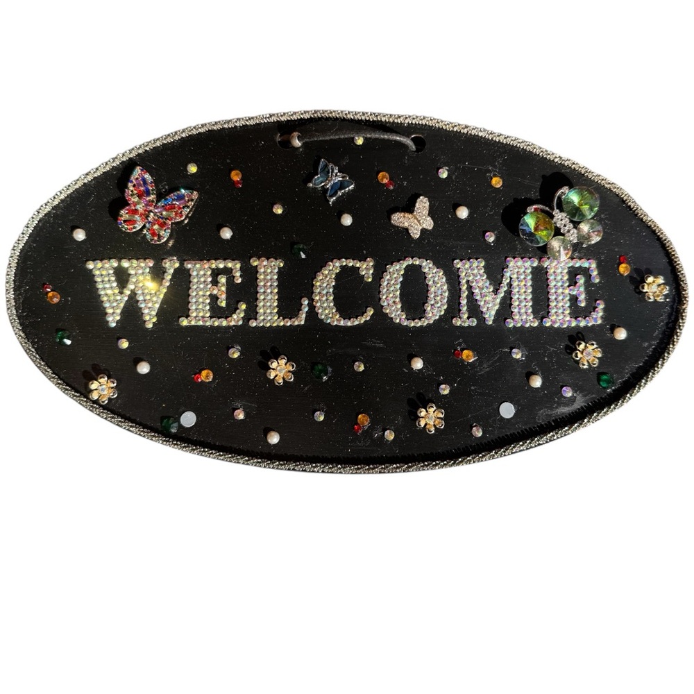 Hand stoned welcome sign Rhinestone 'WELCOME' Wall Plaque with Butterfly Accents